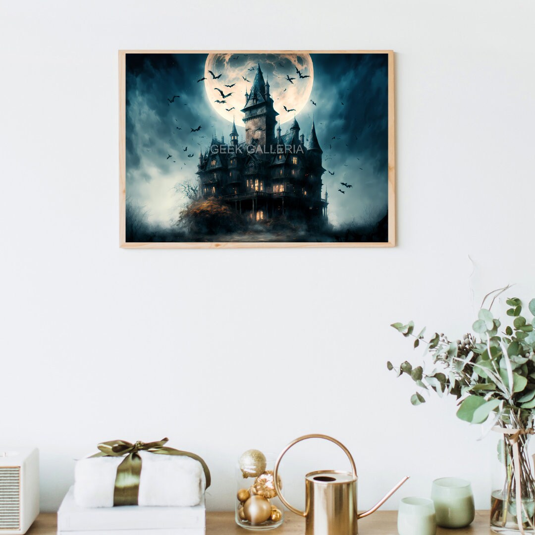 Haunted Mansion Under the Full Moon, Art Print, Spooky, Scary, Halloween Decor, Vintage