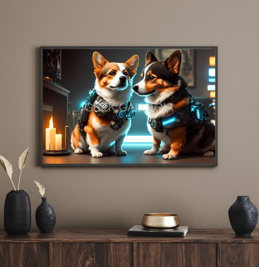 Cyber Corgis: A Futuristic Duo, Art Print, Dog Lover Gift