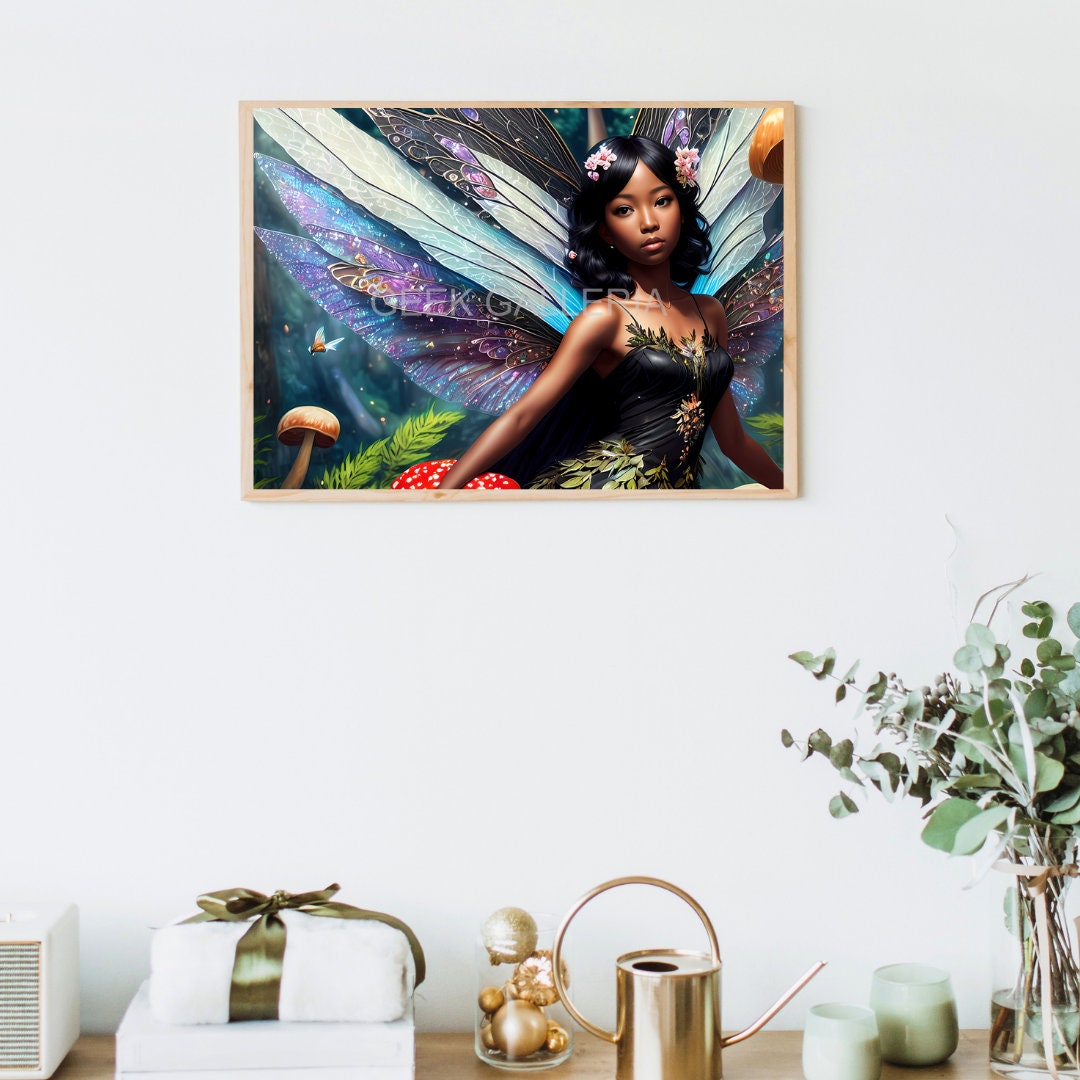 Black Fairy with Vibrantly Colored Wings and Floral Accents, 17x11 Inches, Art Print, Fantasy