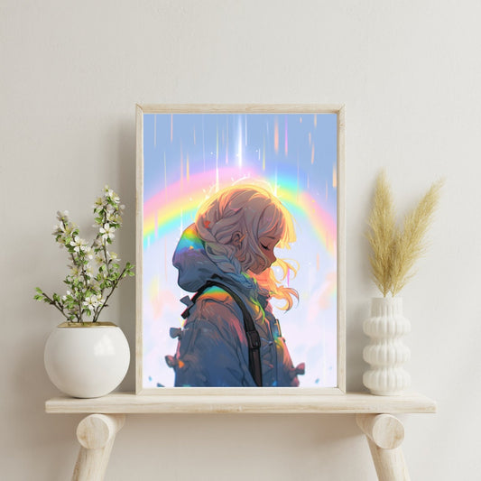 Rainbow Amidst the Rain - Pensive Anime Girl in Downpour Art Print