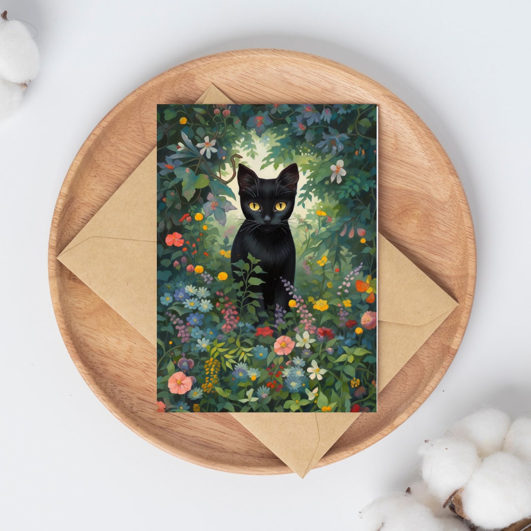 Mystic Garden Watcher - Botanical Art Print, Cat Lover Gift