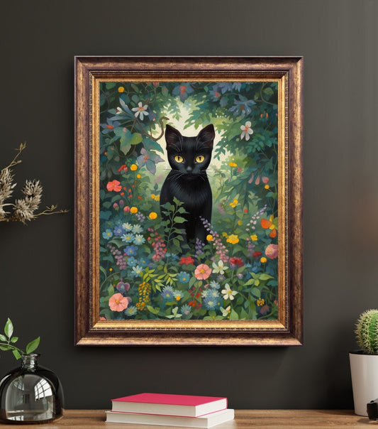 Mystic Garden Watcher - Botanical Art Print, Cat Lover Gift