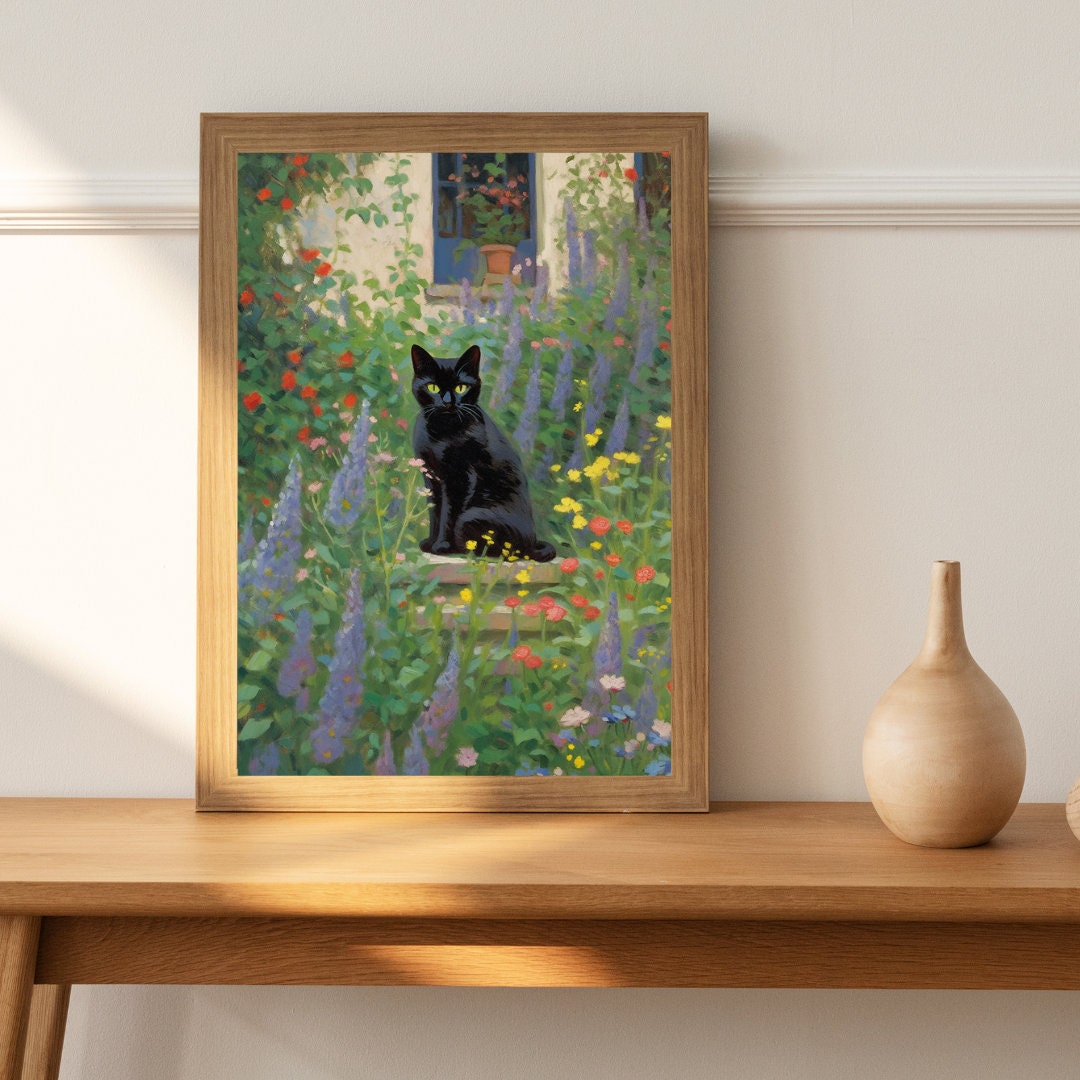 A Midnight Garden Art Print, Cat Lover Gift