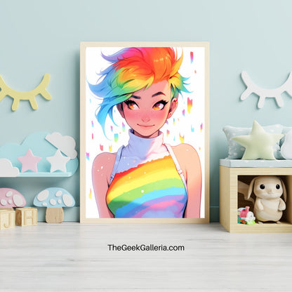 Lively Anime Girl with Rainbow Hair Art Print