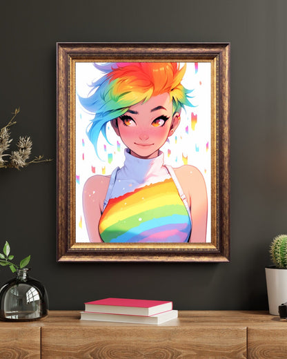 Lively Anime Girl with Rainbow Hair Art Print