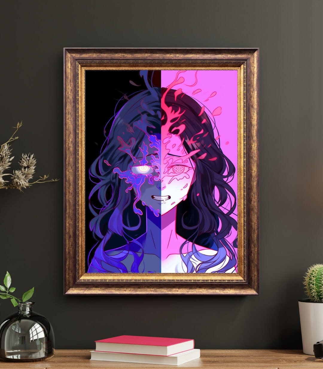 Duality of Essence: Split Aura Art Print - Split Face Wall Decor Poster