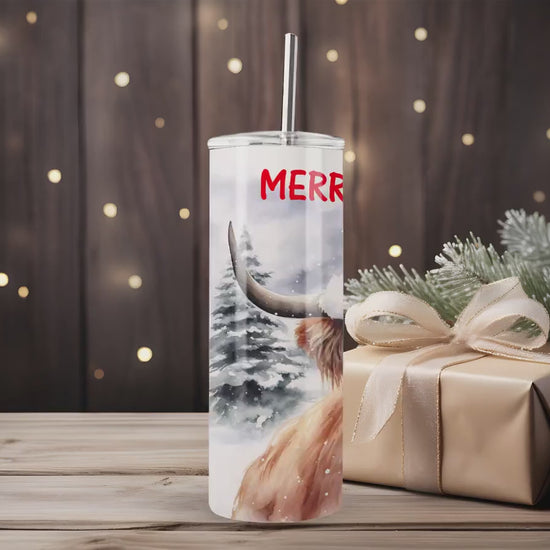 Personalized Highland Cow Christmas Tumbler 20oz - Customizable Skinny Tumbler with Cow Print - Festive Holiday Gift for Her