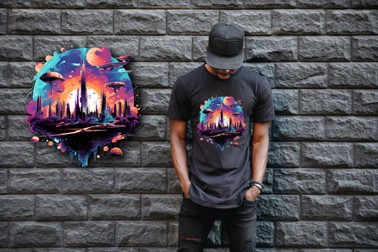 Galactic Cityscape T-Shirt - Vibrant Futuristic Metropolis, Outer Space Exploration, Sci-Fi Tee