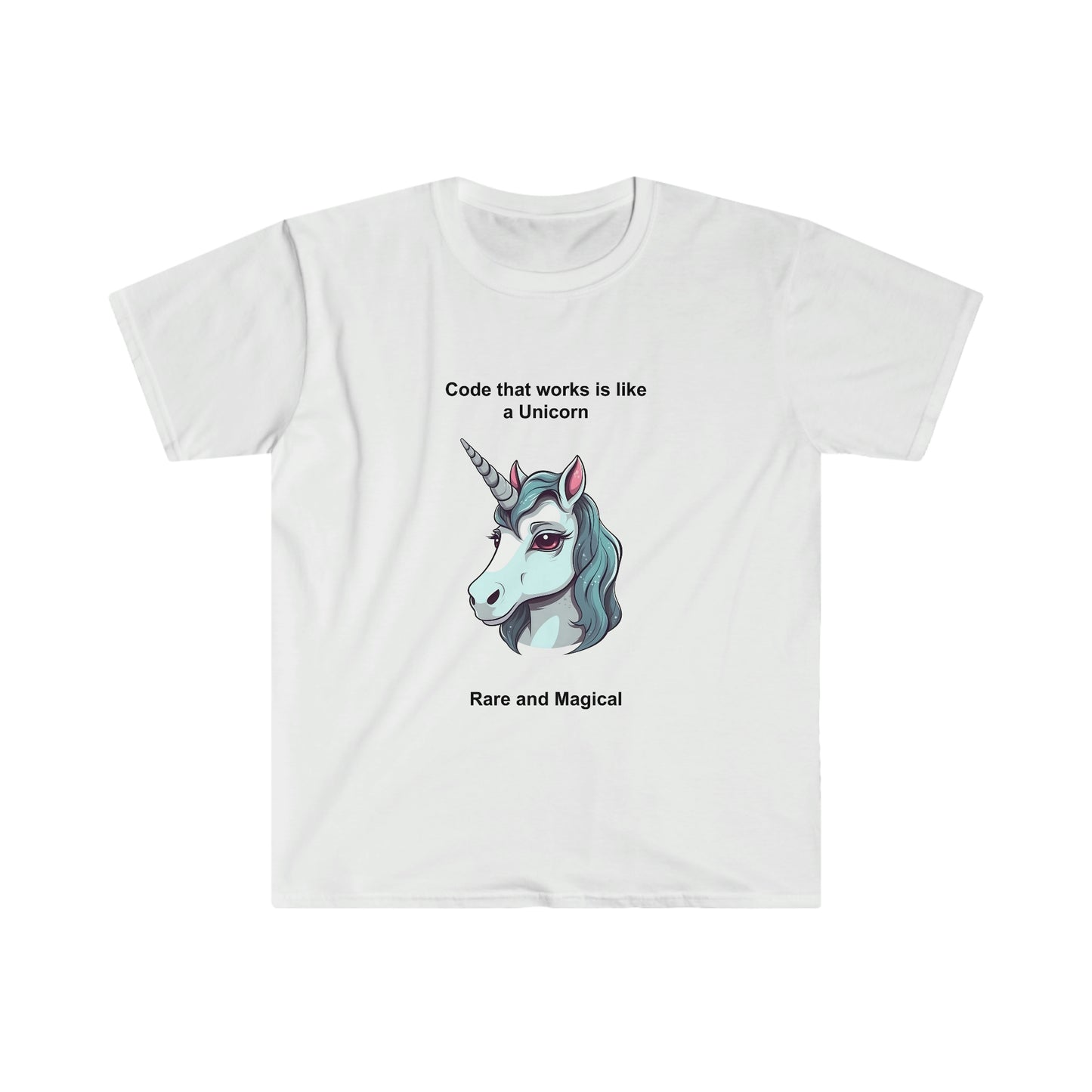 Programmer T-Shirt with Inspiring Quote "Code that works is like a Unicorn: Rare and Magical" to Boost Motivation and Creativity