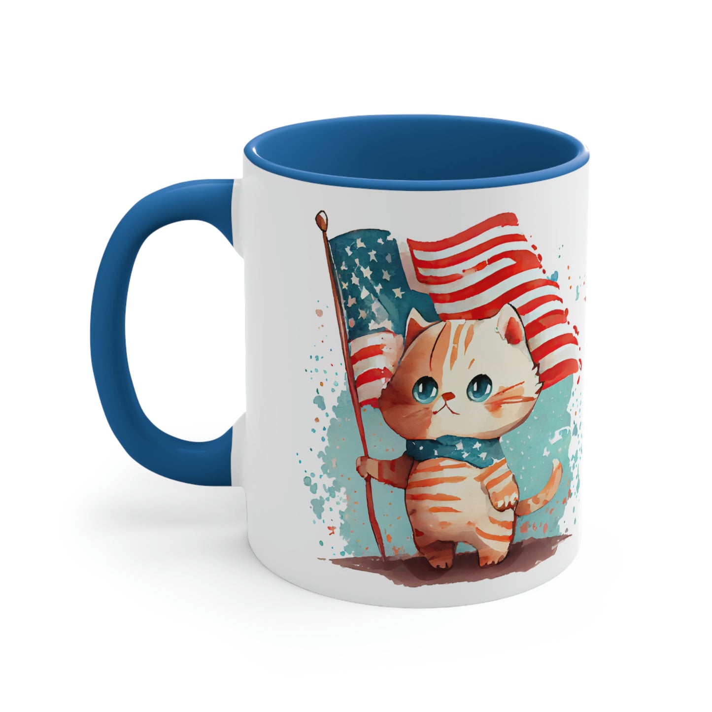 Watercolor Cat Holding American Flag Coffee Mug - Patriotic Cat Mug, Fourth of July Gift, Cat Lover Gift