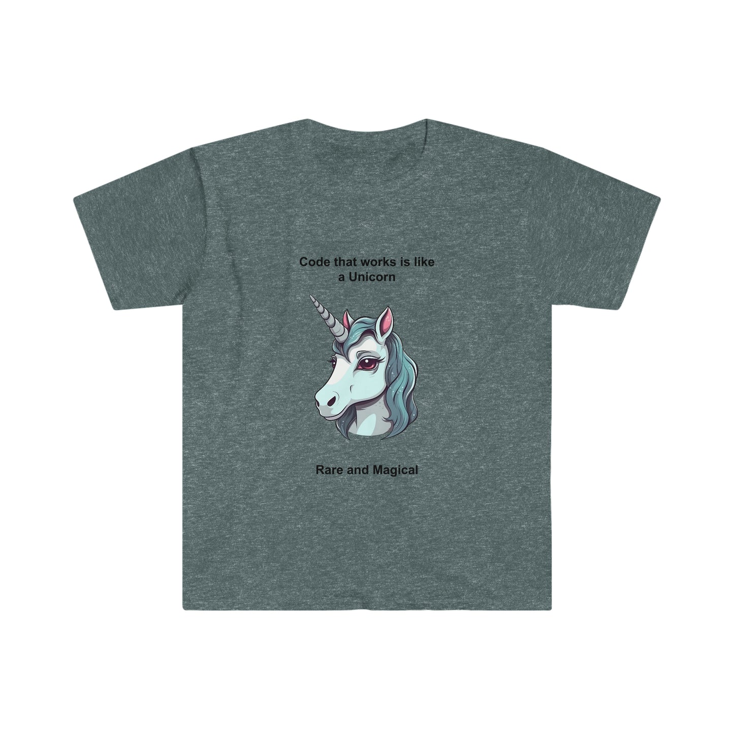 Programmer T-Shirt with Inspiring Quote "Code that works is like a Unicorn: Rare and Magical" to Boost Motivation and Creativity