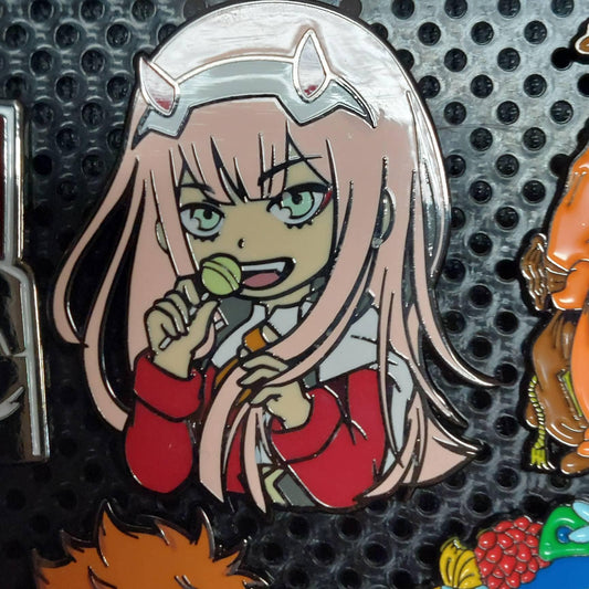 Anime Inspired Red-Horned Girl Enamel Pin with Sweet Treat