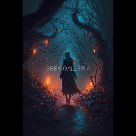 Path of Illumination V1 - Woman Walking in a Spooky Forest - 11x17 Inch Art Print