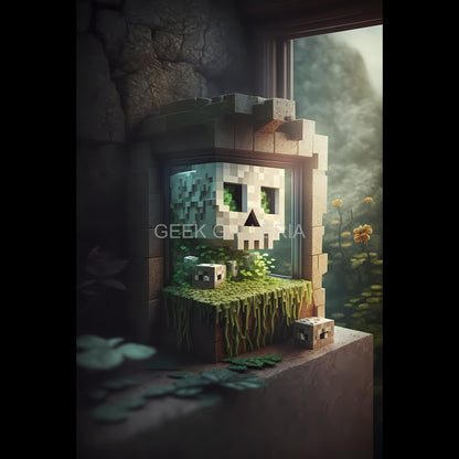 Minecraft-style Skull in Window Box Art Print, 11x17 inches, Video Game Poster
