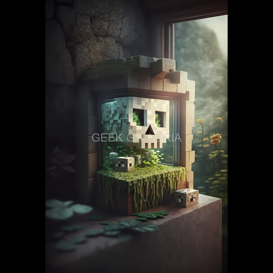 Minecraft-style Skull in Window Box Art Print, 11x17 inches, Video Game Poster