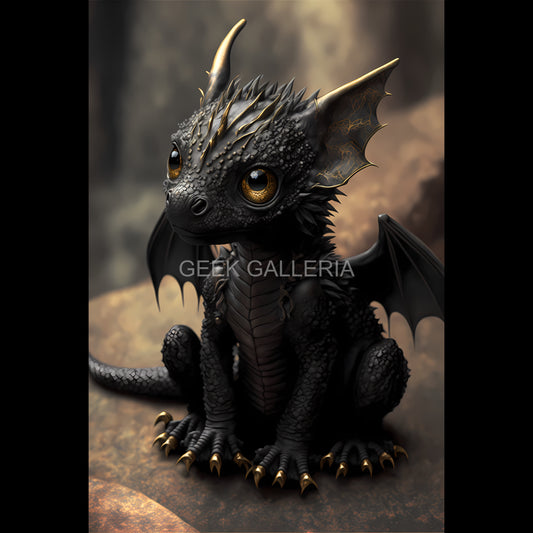 Cute Black Baby Dragon Art Print, Fantasy Illustration, 11x17 Inches