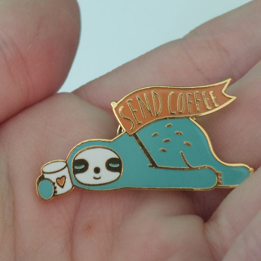 Send Coffee Sloth Enamel Pin – Adorable Caffeine Lover's Accessory