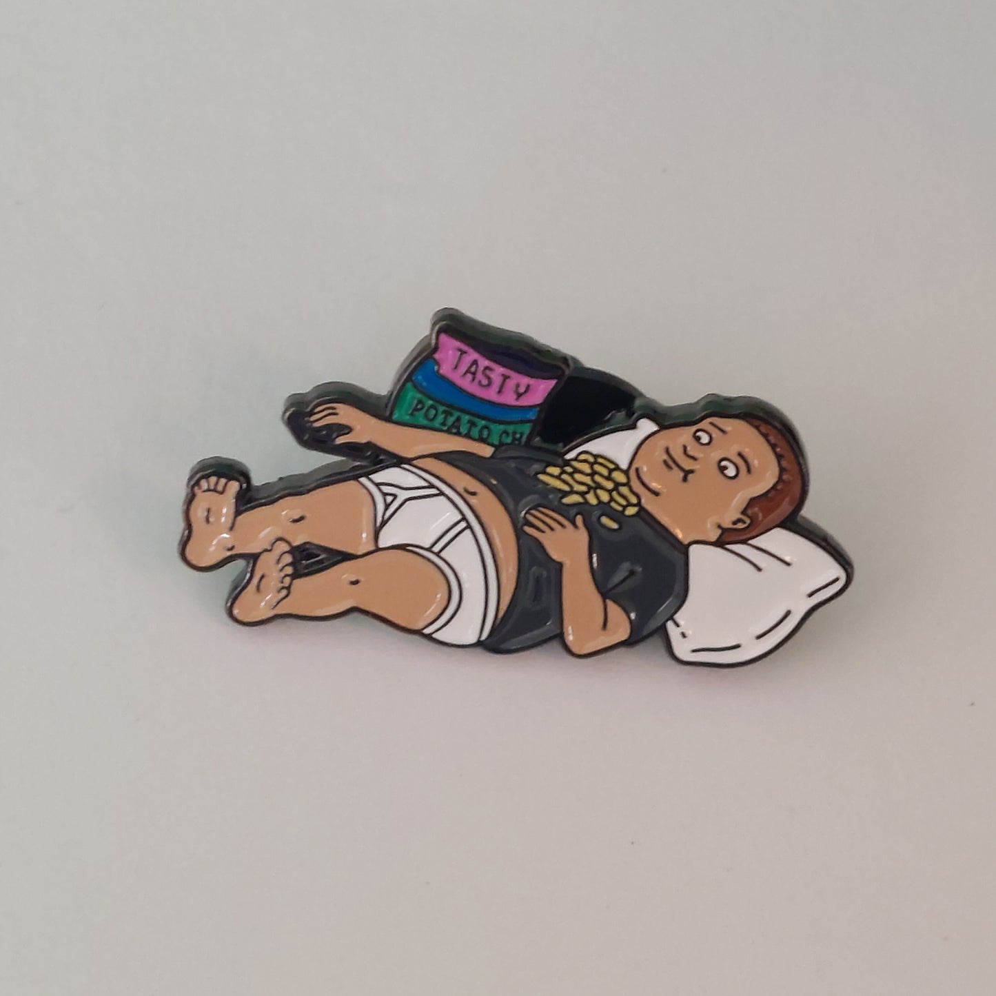 Enamel Pin: Animated Boy in Relaxed Lounge wear with Snacks