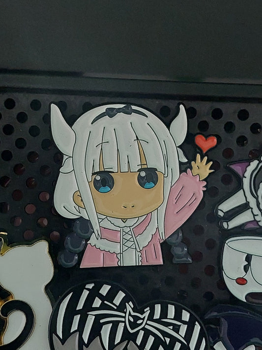 Adorable Dragon Girl Enamel Pin with Heart-Grabbing Gesture