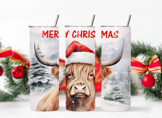 Personalized Highland Cow Christmas Tumbler 20oz - Customizable Skinny Tumbler with Cow Print - Festive Holiday Gift for Her