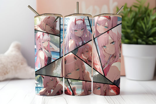 Anime-Inspired Pink-Haired Heroine Collage 20oz Skinny Tumbler - Unique Sublimated Drinkware Gift - Waifu Tumbler