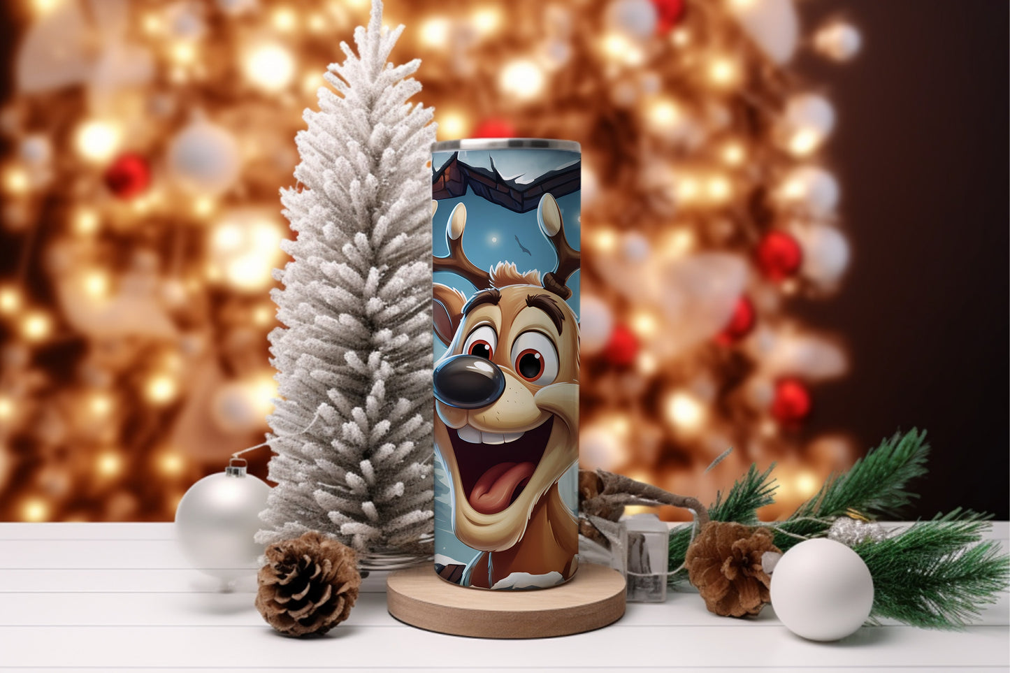 Jolly Reindeer Breakout 20oz Skinny Tumbler - 3D Cheerful Reindeer Bursting Through Brick Wall, Christmas Tumbler, Festive Drinkware