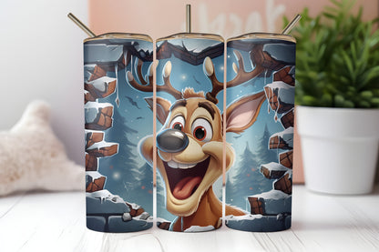 Jolly Reindeer Breakout 20oz Skinny Tumbler - 3D Cheerful Reindeer Bursting Through Brick Wall, Christmas Tumbler, Festive Drinkware