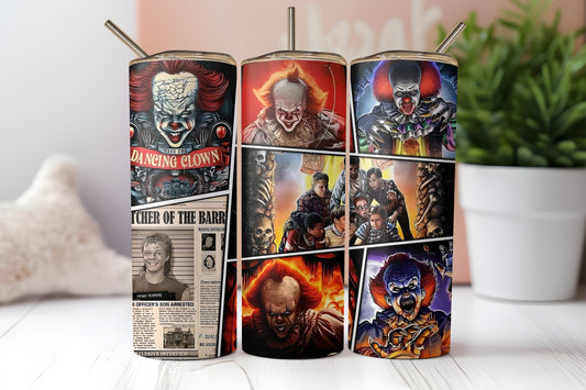 Killer Montage 20oz Tumbler - Slasher Film Enthusiast Drinkware - Creepy Clown Horror Cup - Ideal for Horror Movie Fans