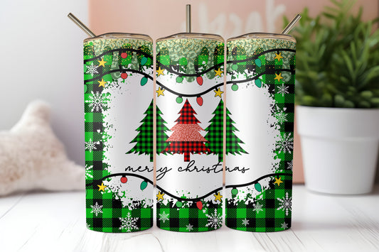 20oz Skinny Tumbler - Festive Holiday Quote, Christmas Candy-Themed Drinkware - Plaid Christmas Tree 'Merry Christmas' Travel Mug