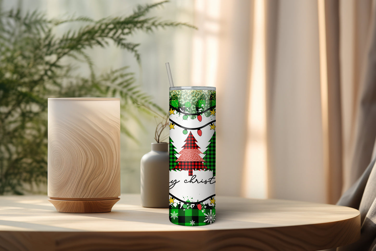 20oz Skinny Tumbler - Festive Holiday Quote, Christmas Candy-Themed Drinkware - Plaid Christmas Tree 'Merry Christmas' Travel Mug