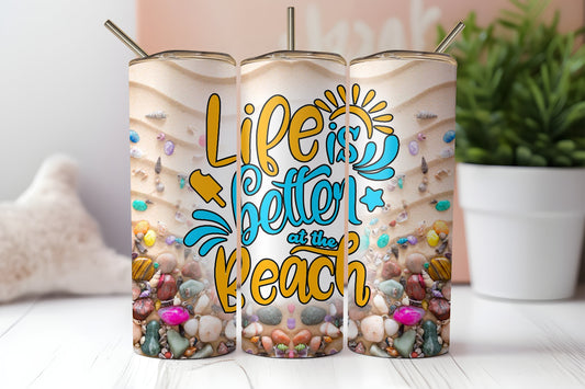 Beach Lover's 20 oz Skinny Tumbler - 'Life is Better at the Beach' Cup - Vibrant Seashell Drinkware
