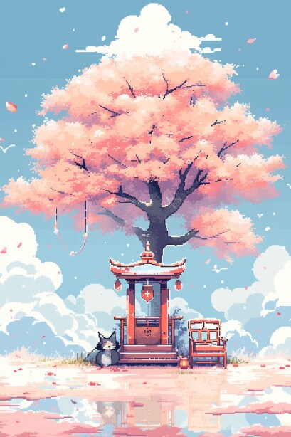 Sakura Serenity: Tranquil Shrine and Cherry Blossom Pixel Art Print