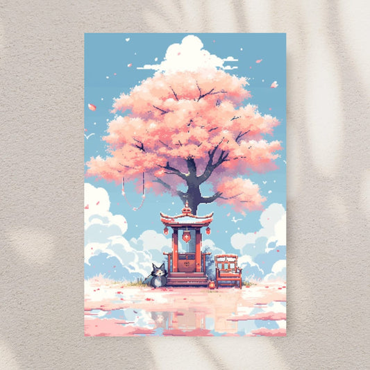 Sakura Serenity: Tranquil Shrine and Cherry Blossom Pixel Art Print