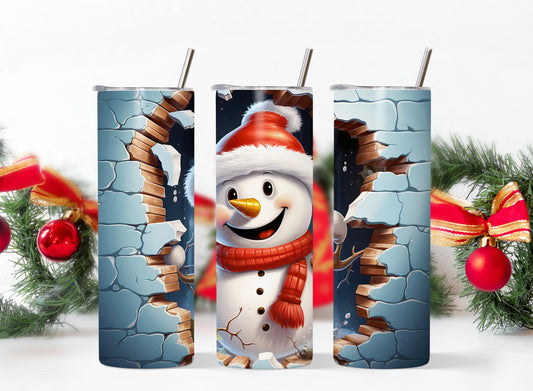 Breakthrough Snowman 20oz Skinny Tumbler - 3D Winter Snowman Bursting Through Brick Wall, Christmas Tumbler, Festive Drinkware