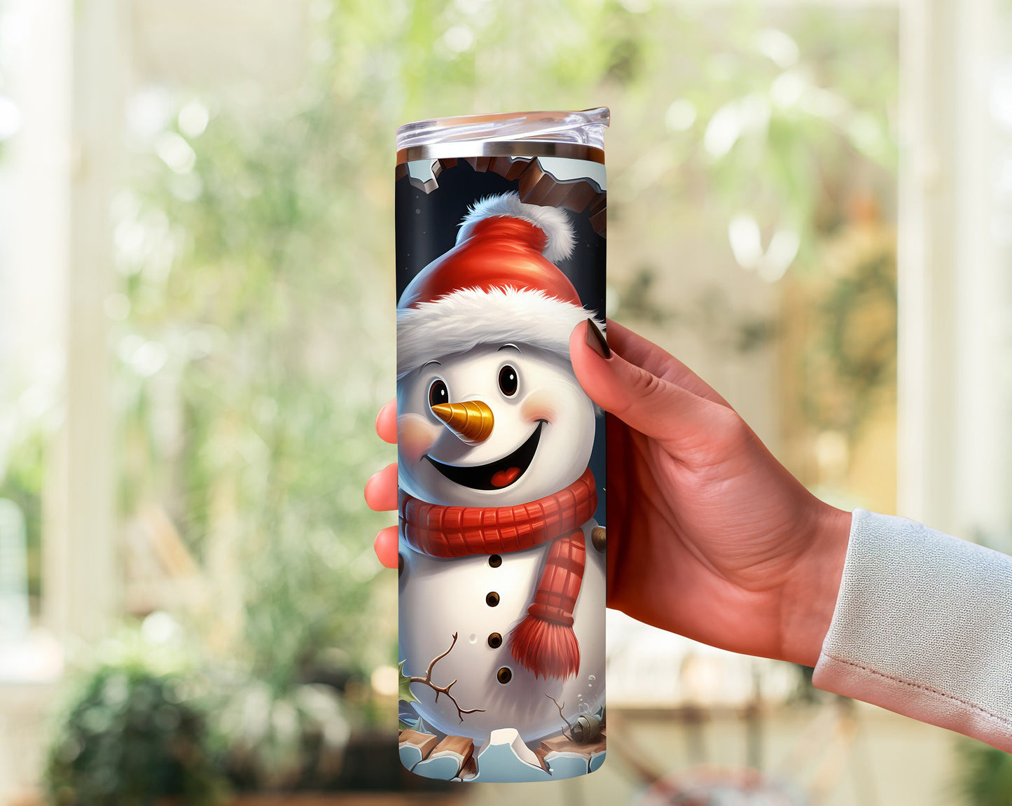 Breakthrough Snowman 20oz Skinny Tumbler - 3D Winter Snowman Bursting Through Brick Wall, Christmas Tumbler, Festive Drinkware