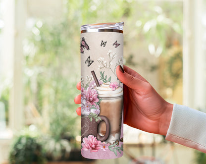 Floral Coffee Lovers 20oz Skinny Tumbler - Coffee Please & Coffee First Stainless Tumbler, Custom Coffee Cup Design, Elegant Tumbler Gifts