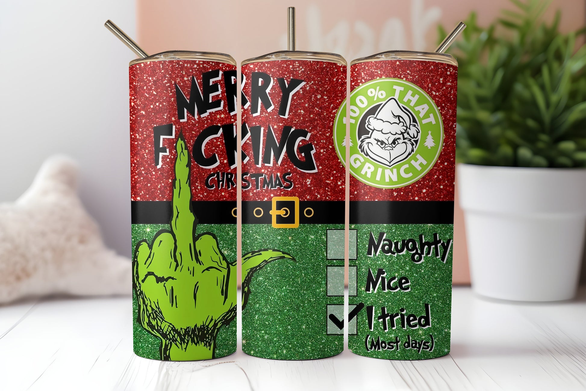 Bold & Humorous Grinch-Inspired 20 oz Skinny Tumbler - Sarcastic Christmas Travel Mug, Edgy Holiday Coffee Tumbler for Festive Cheer