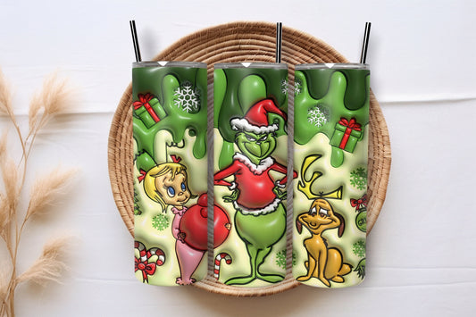 Festive Grinch & Friends 20 oz Skinny Tumbler - Whimsical Christmas Gift, Adorable Holiday Coffee Mug, Unique Grinchmas Travel Tumbler