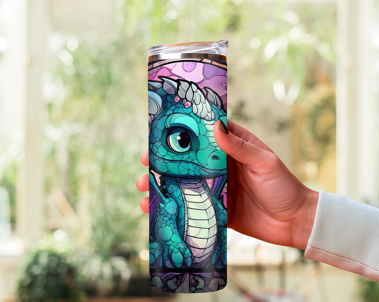 Dragon Enigma 20oz Tumbler - Customizable Mysterious Character-Themed Travel Cup - Perfect for Fans of Whimsical Stained Glass Design