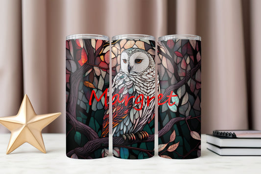 Personalized Stained Glass Owl 20 oz Skinny Tumbler - Customizable Name Drinkware - Elegant Tumbler for Nature Lovers