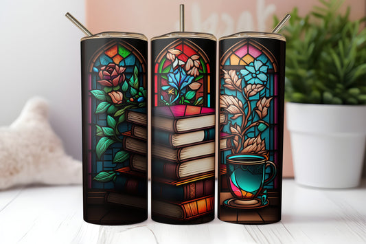 Personalized Stained Glass Books 20 oz Skinny Tumbler - Custom Name Literary Cup - Book Lover Drinkware