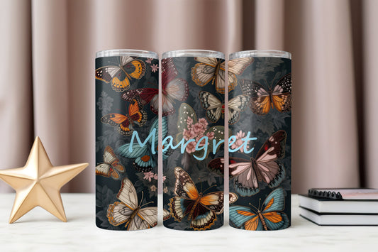 Personalized Butterfly Embroidery 20 oz Skinny Tumbler - Custom Name Nature-Inspired Cup - Elegant Drinkware"
