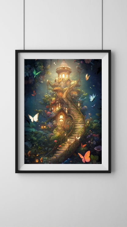Enchanting Tree House V2 - Mystical Forest Dwelling Art Print - Whimsical Fantasy Art with Magical Creatures