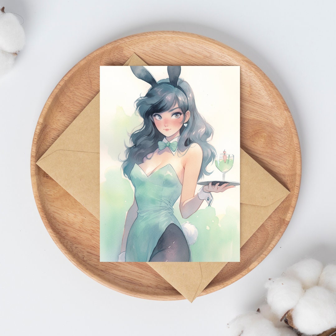 Elegant Service: Watercolor Bunny Waitress Anime Girl Art Print