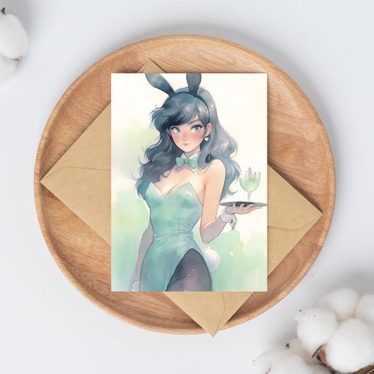 Elegant Service: Watercolor Bunny Waitress Anime Girl Art Print