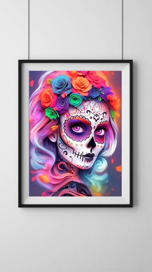 Vibrant Eternity: Sugar Skull Woman Day of the Dead Art Print