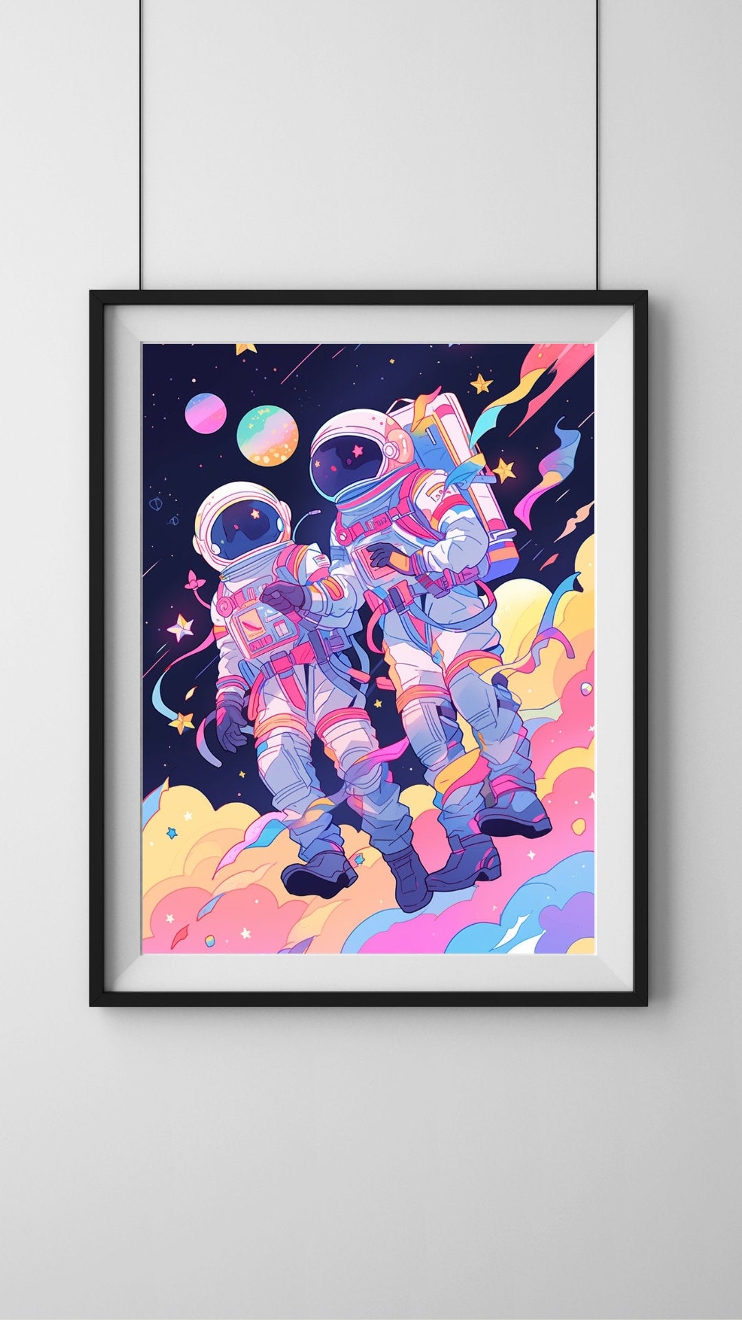 Cosmic Embrace: Vibrant Astronaut Love in Space Art Print