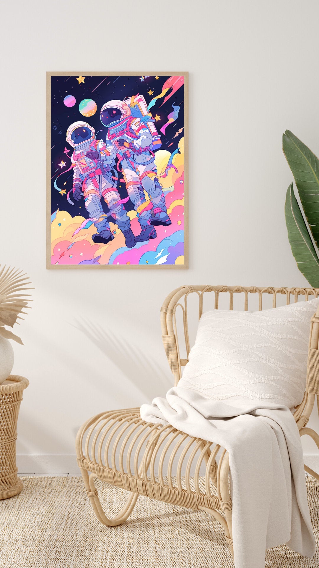 Cosmic Embrace: Vibrant Astronaut Love in Space Art Print