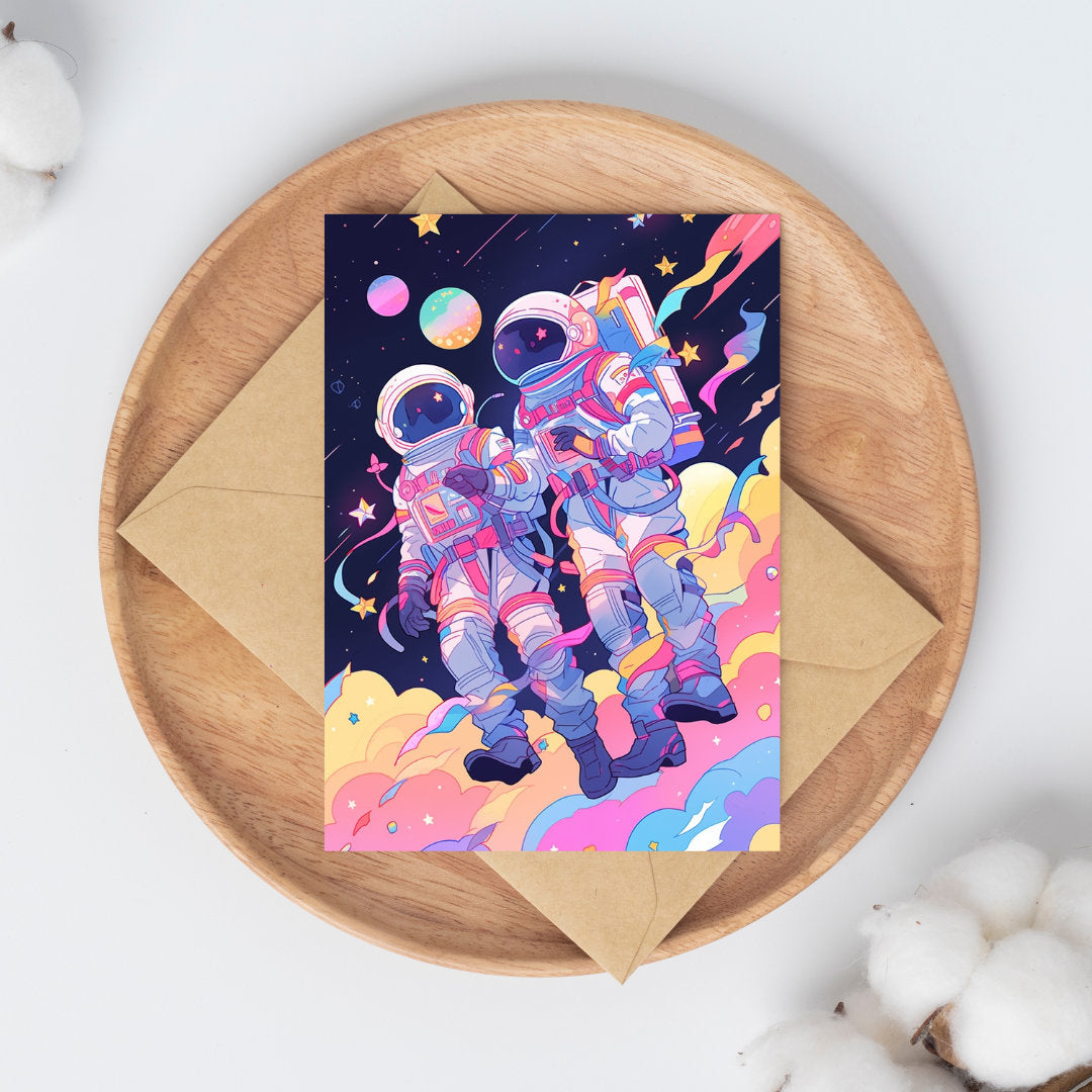 Cosmic Embrace: Vibrant Astronaut Love in Space Art Print