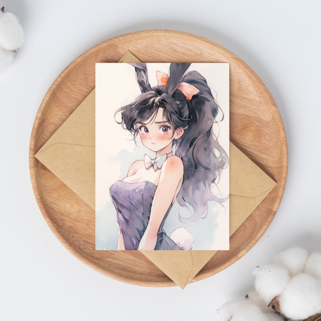 Elegant Service: Watercolor Bunny Waitress Anime Girl Art Print